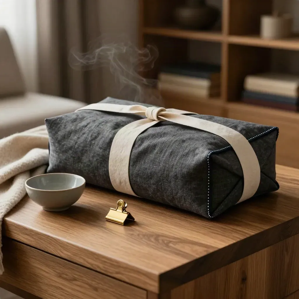 Charcoal linen pension checkup pack beside cashmere throw, bowl and brass clip on an oak ottoman.
