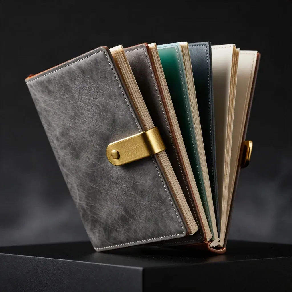 Four leather folios with brass clasp fan out on a dark plinth in dramatic studio light.