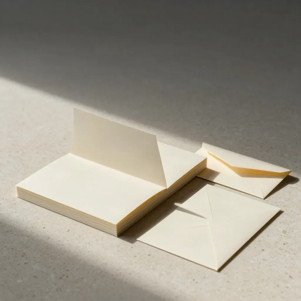 Open starter portfolio pack with insert sleeves and pale envelope on travertine, softly lit.