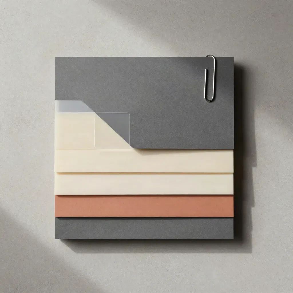 Overhead flatlay of a layered finance mix-sheet pack with translucent divider and paper clip