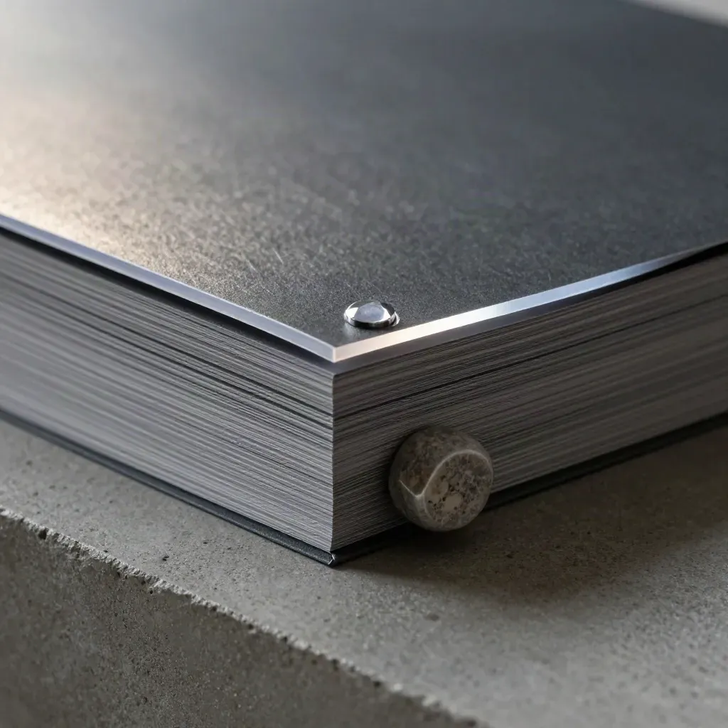 Macro of a graphite report pack with translucent sleeve and stone paperweight on concrete.