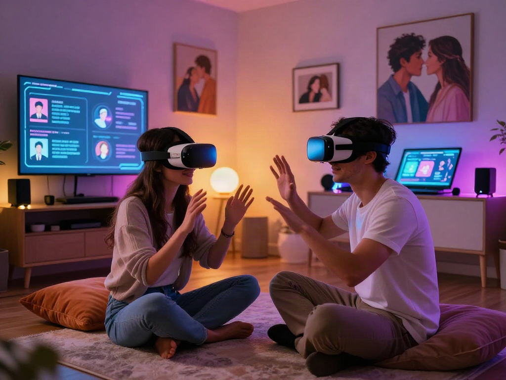 Couple using sex AI in a virtual reality experience to enhance intimacy.
